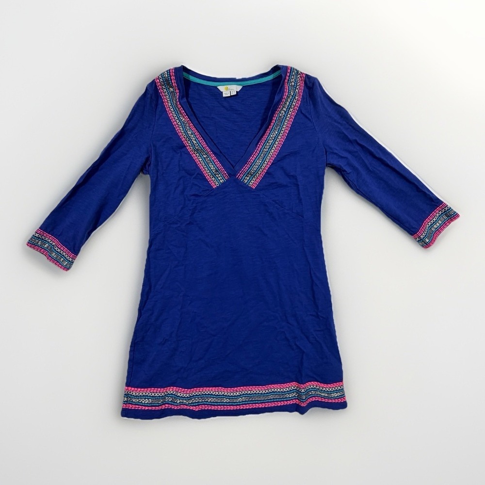 Boden Rosanna Embroidered Jersey Tunic Dress Blue 3/4 Sleeve Swim Cover Up SZ 6